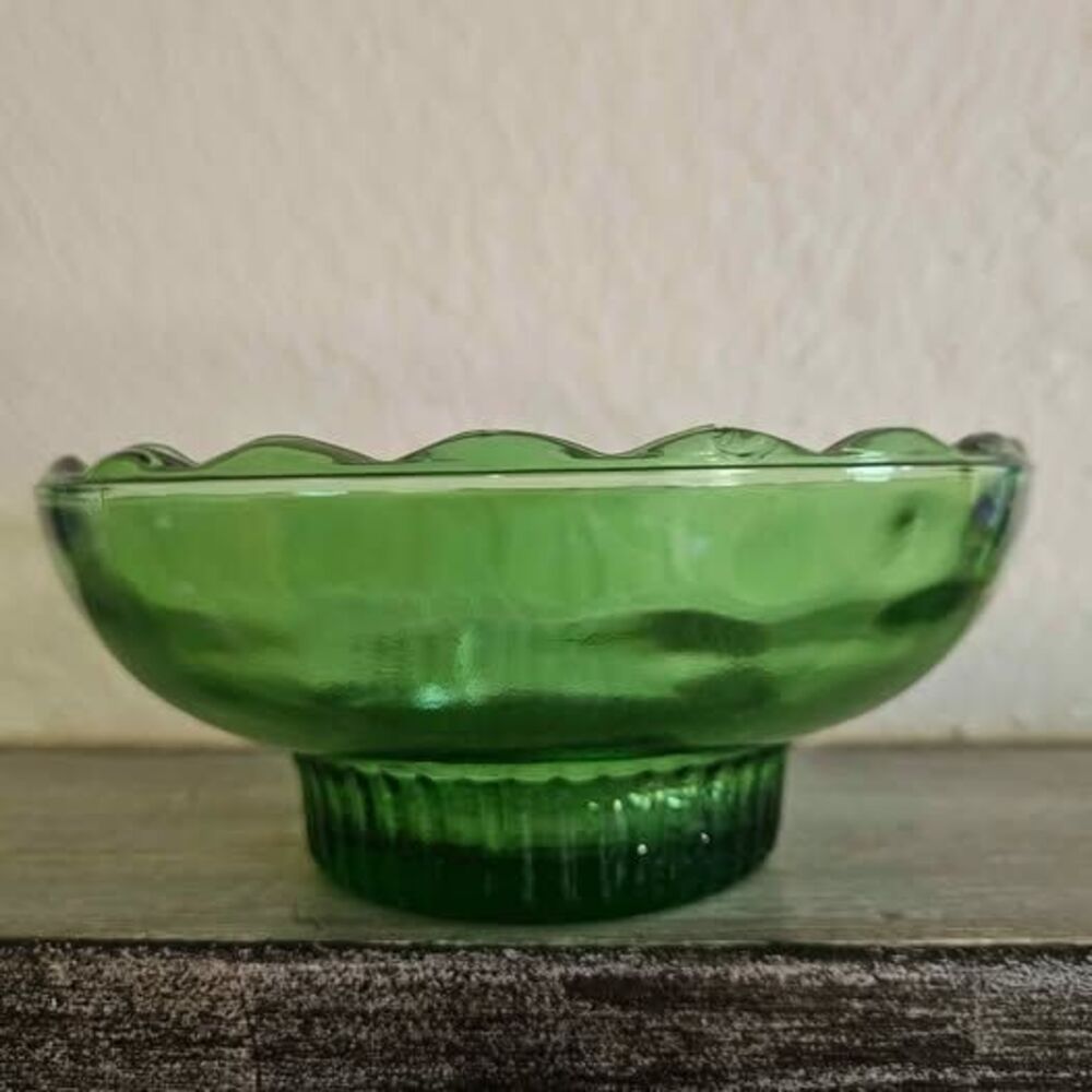 Vintage E.O. Brody M2000 Green Glass Pedestal Bowl Scalloped Rim MCM